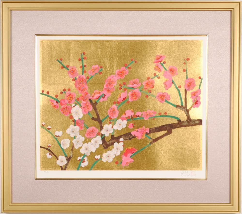 梅の枝の花 版画 208/280 額装 落款あり インテリア 梅の枝の花 版画 208/280 額装 落款あり インテリア